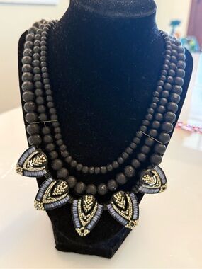 Anthropologie David Aubrey Layered Islette Statement Bib Necklace Black Gold